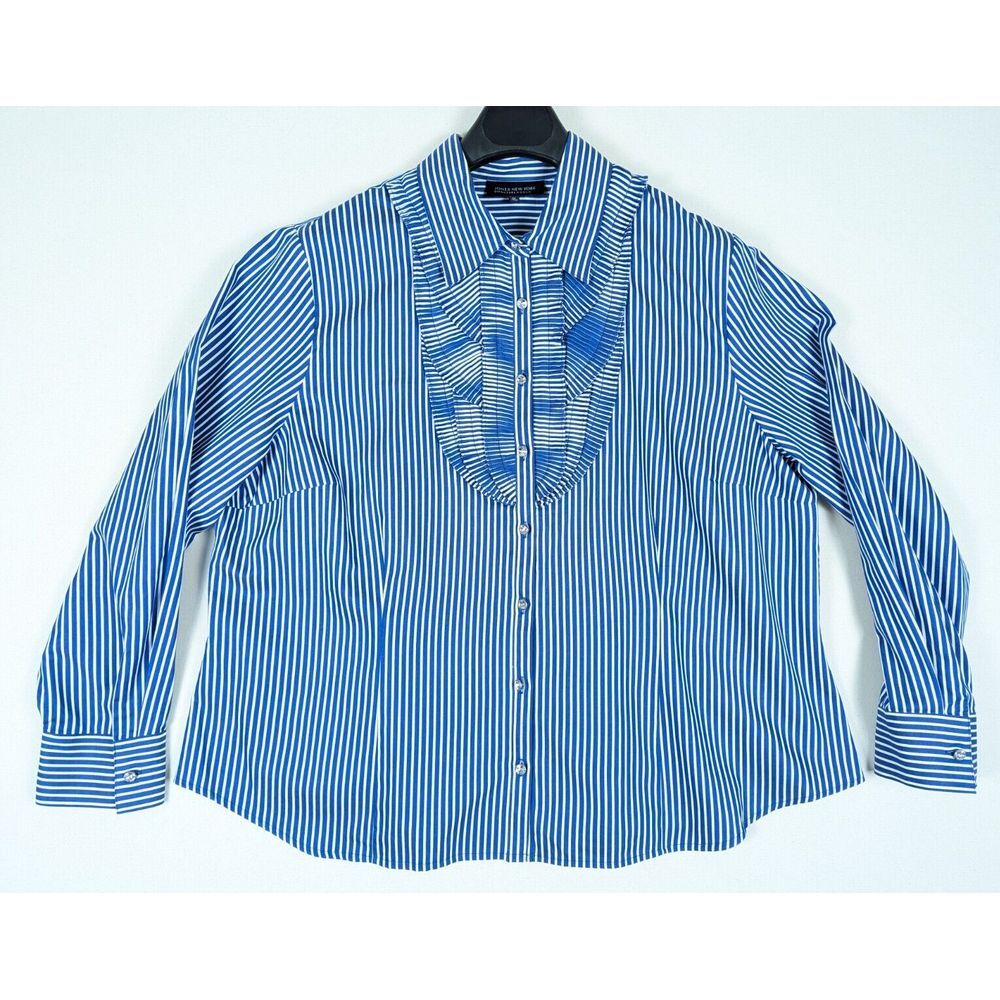 Jones New York Striped Top Women 3X Blue Cotton Ruffled Chest‎ Sparkle Buttons